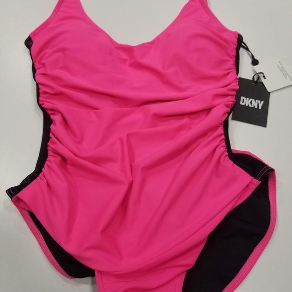 DKNY Neon Pink Ruched Mesh-Contrast One-Piece Swimsuit Size 8 - Picture 9 of 12